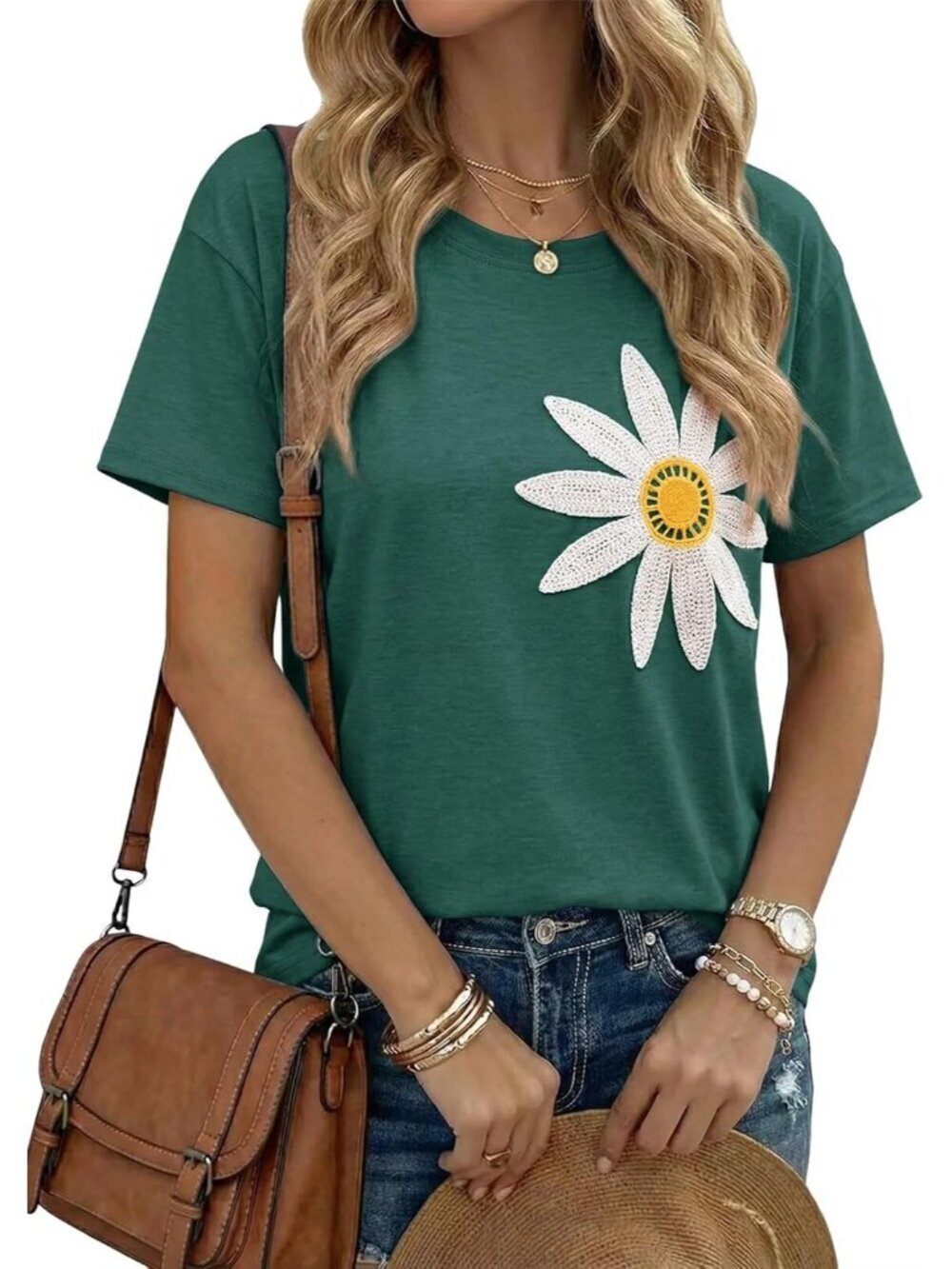 Women's Green Crew-neck Short Sleeve Flower Embroidery Drop Shoulder Top